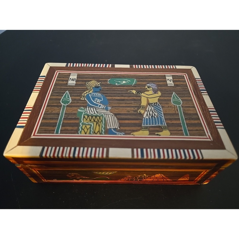 Vintage Hinged Wood Box Mother Of Pearl Carved Egyptian theme 2" x 5.5" Trinket